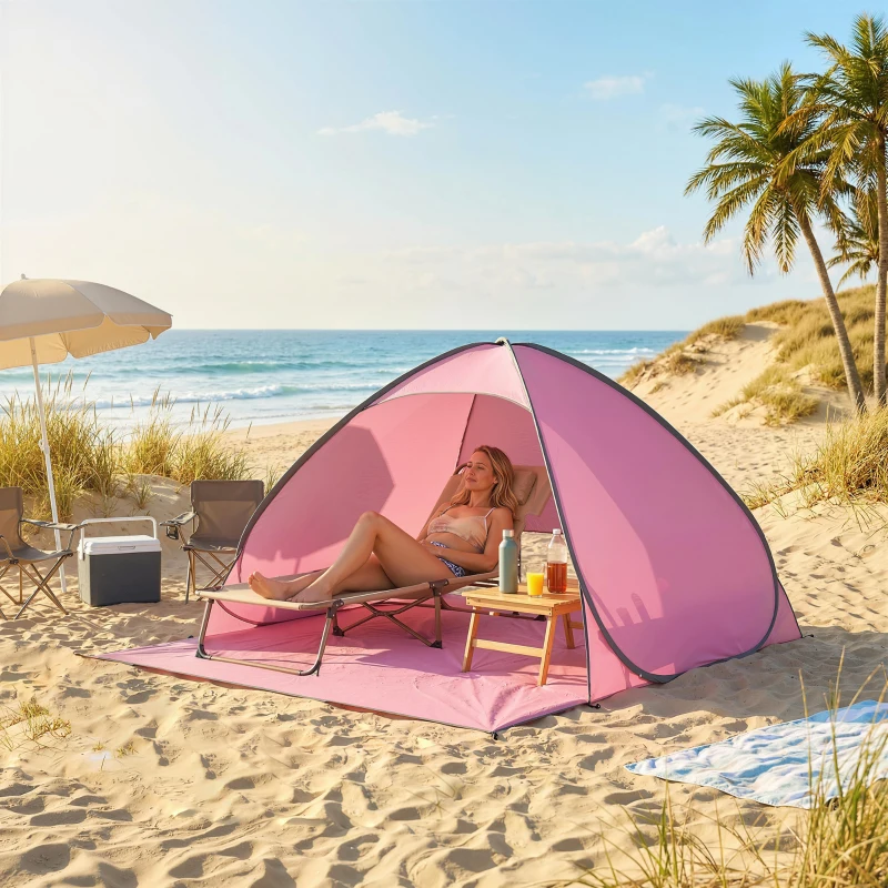 Outsunny Pop up Beach Tent, UV 50+ Sun Shelter with Carry Bag, 2x1.5m for 2-3 Person, Pink
