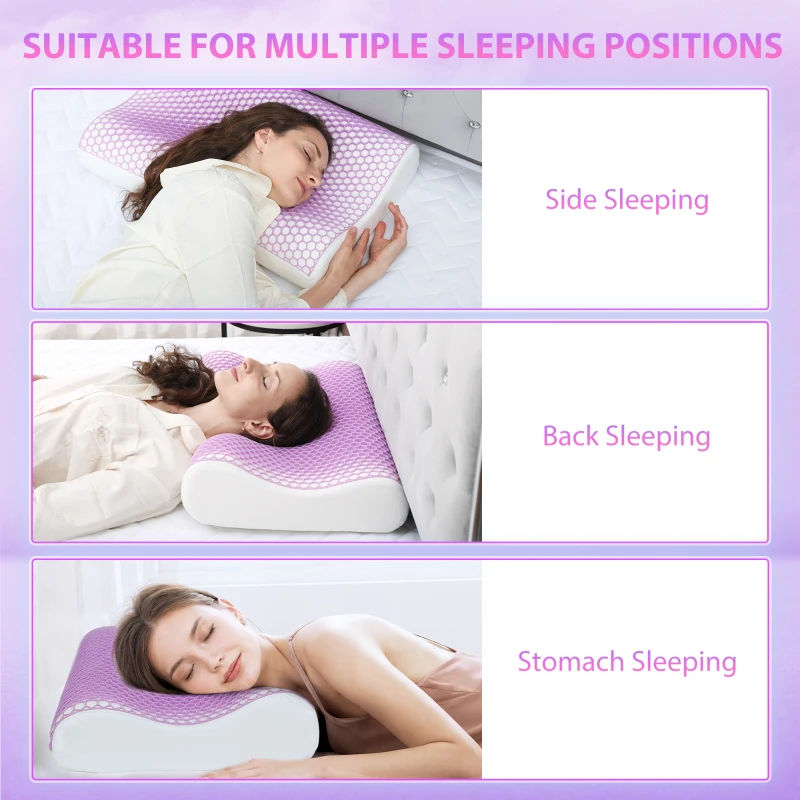 HOMCOM TPE Memory Foam Pillow for Pain Relief, Neck Pillow, 2S Slow-Rebound, 2 Height Design for Side Back Stomach Sleeper, Fits Standard King Queen Beds, Purple