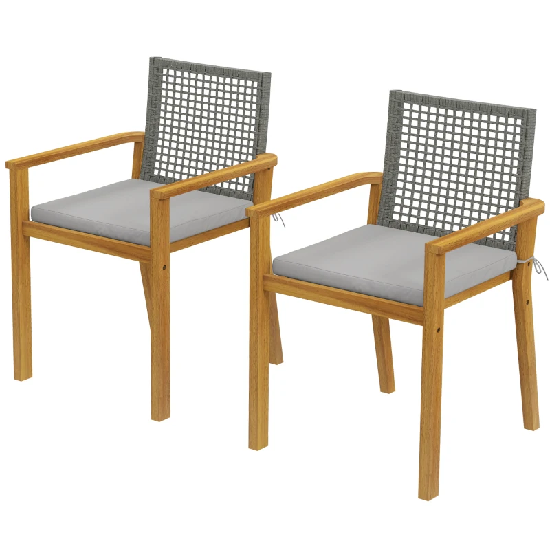 Outsunny Set 2 sedie da giardino in legno impilabili con cuscini, 59x55x86 cm, Naturale