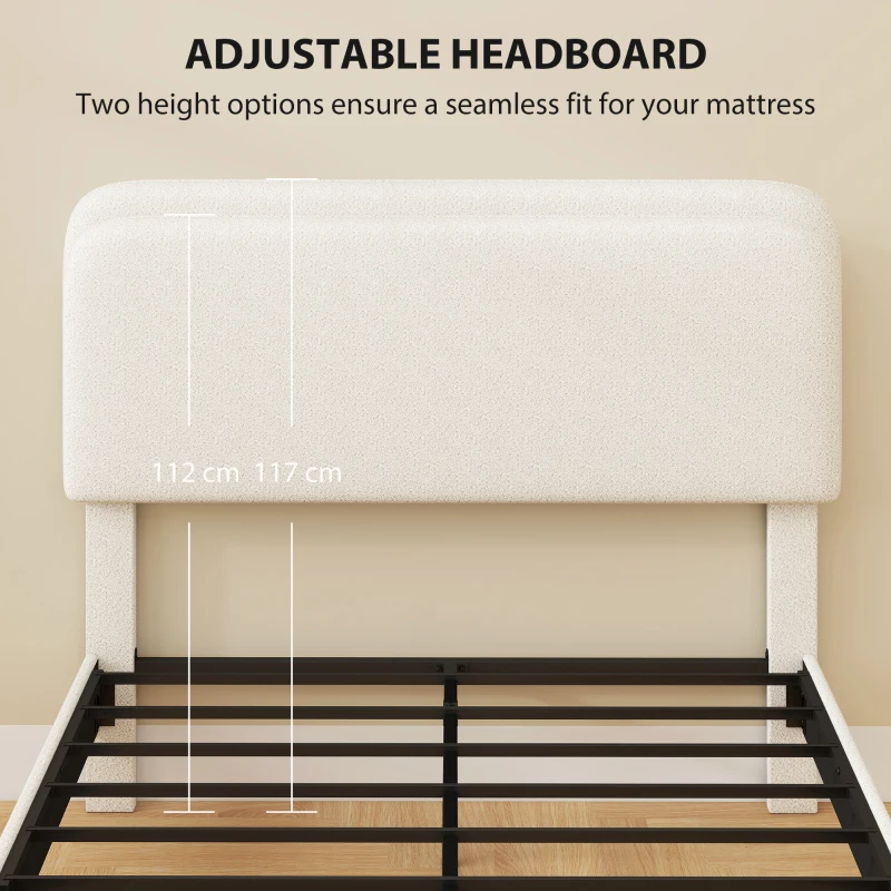 HOMCOM Rama łóżka jednoosobowego z zagłówkiem obitym Teddy-Fleece, metalowa rama łóżka, łatwy montaż, biały