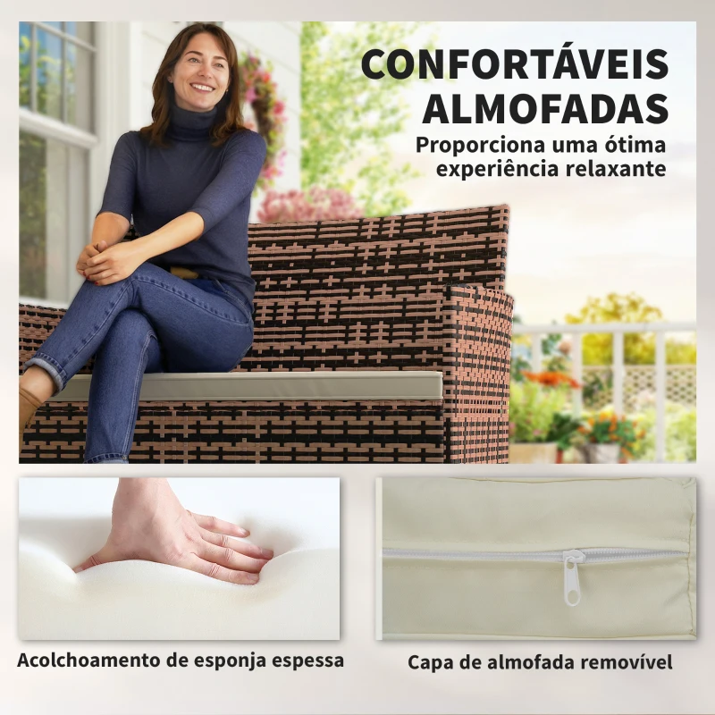 Outsunny Sofá de Exterior em Rattan de 2 Lugares Sofá de Jardim com Almofada Lavável Estrutura de Aço para Varanda Caqui