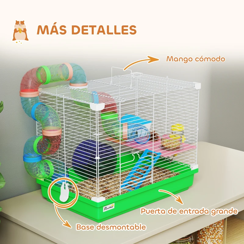 PawHut Jaula para Hámster con Túnel Cuenco Bebedero Casita Rampa Rueda de Ejercicio Bandeja Extraíble 46x30x37 cm Verde