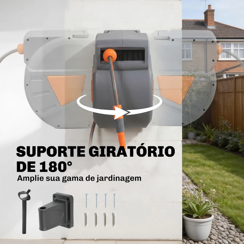 Outsunny Carretel de Mangueira para Jardim 30+2 m com Bocal de 2 Modos Bloqueio Automático e Retracção Orientável 180° Laranja