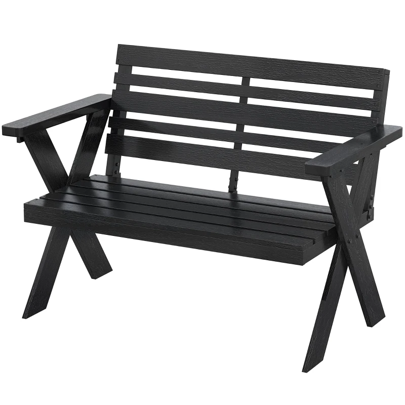 Outsunny 2 Seater Wooden Garden Bench, Slatted Patio Bench with Armrest and Backrest, Black