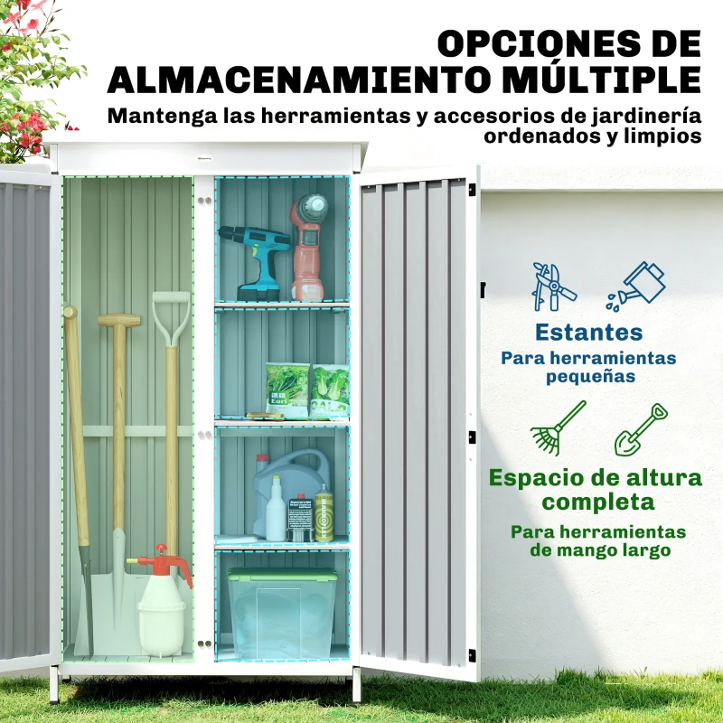 Outsunny Caseta de Jardín de Madera y Acero 94x43x166 cm Armario para Herramientas con 2 Estantes Ajuatables y 2 Puertas Negro