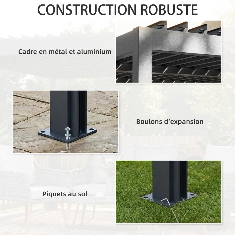 Outsunny Pergola bioclimatique 4x3m, pergola aluminium avec lames orientables, manivelle, stores latéraux coupe-vent, gris foncé