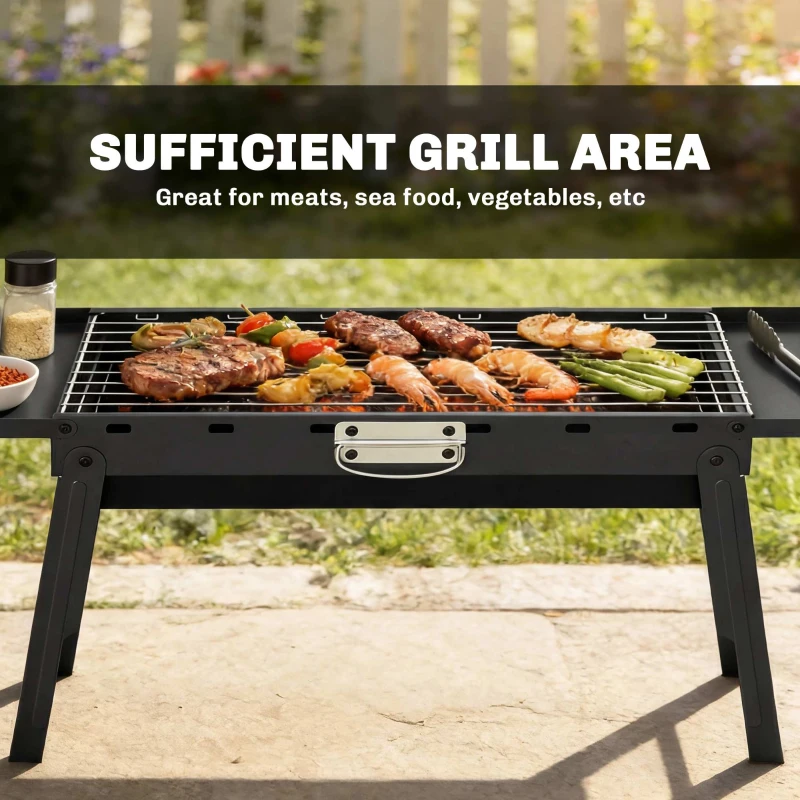 Outsunny Portable BBQ Grill, Foldable Charcoal Grill for Camping and Picnics with 2 Side Shelves and Handle, Black