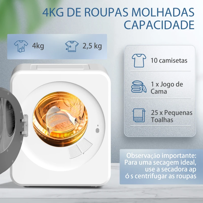 HOMCOM Secadora de Ventilação de 4 kg 800 W com Função Esterilizar Temporizador, Ecrã LED Tátil Tambor Inox Branco