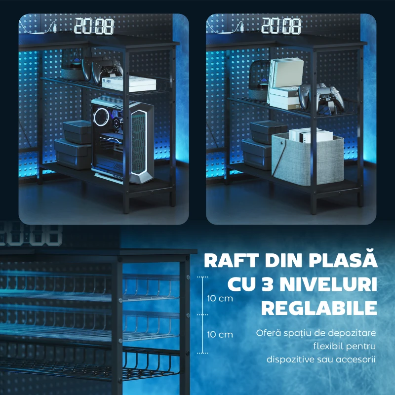 HOMCOM Birou Gaming Colțar cu LED, Prize Electrice, Suport pentru Monitor și Raft, Negru