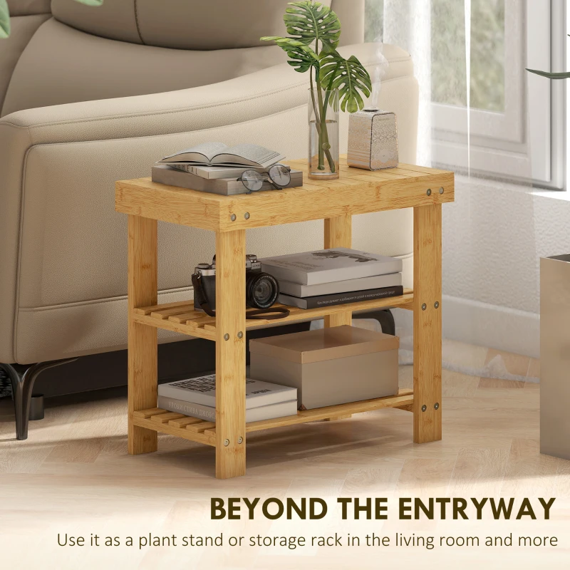 HOMCOM Two Shelf Bamboo Shoe Storage Bench - Natural Finish