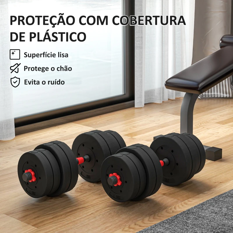 HOMCOM Conjunto de Halteres de 30 kg 2 em 1 com Barras de Conexão e Barra de Extensão Treinamento de Força e Levantamento de Pesos Preto