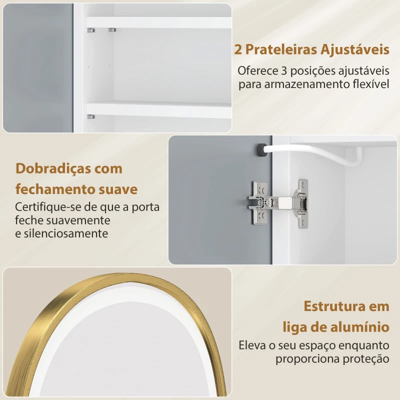 HOMCOM Armário de Casa de Banho com Espelho e Luzes LED de 3 Cores Armário de Parede Oval com Memória e Função Antivapor Dourado