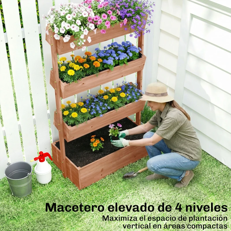 Outsunny Jardinera de Madera de 4 Niveles Jardinera Elevada Exterior con Orificios de Drenaje Tela no Tejida Marrón