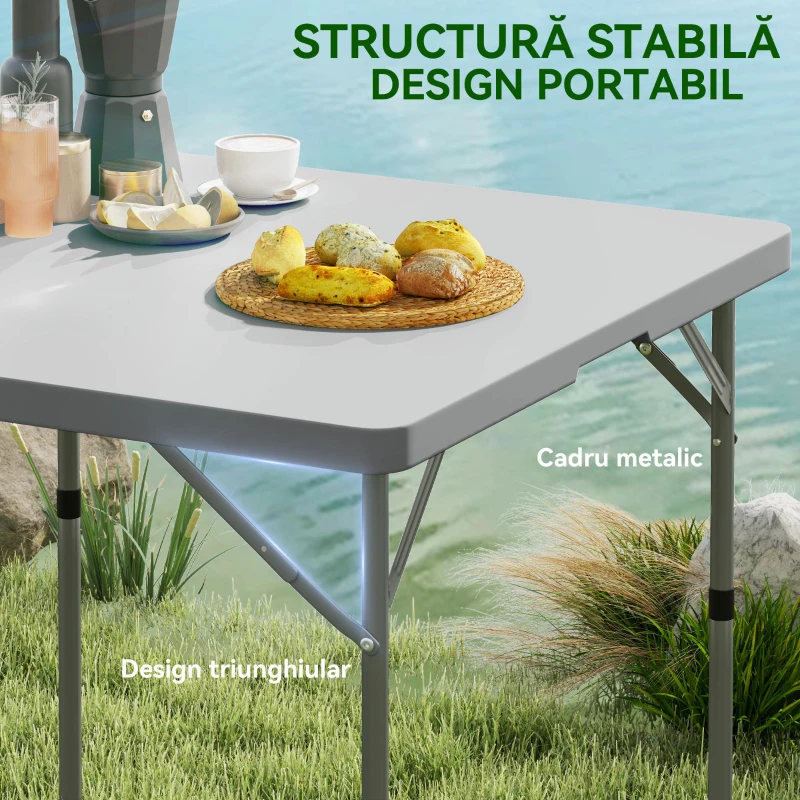 Outsunny Masă de Camping Pliabilă cu 2 Înălțimi Reglabile, 86x86x74 cm, Alb