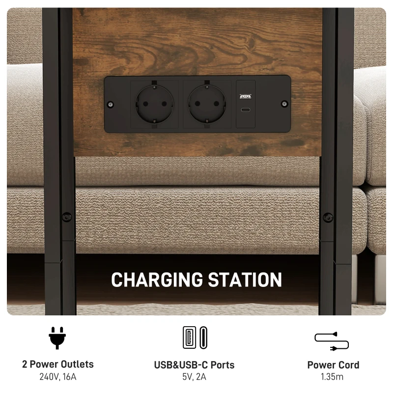 HOMCOM C Shaped Side Table with Foldable Top and Charging Station, End Table with Metal Frame, Bedside Table, Sofa Side Table for Living Room, Bedroom, Rustic Brown and Black