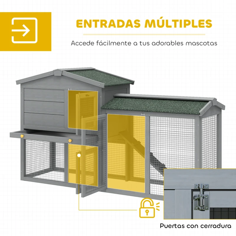 PawHut Conejera de Madera de 2 Niveles con Techo Asfáltico Bandeja Extraíble y Escalera para Exterior 150x45x85 cm Gris
