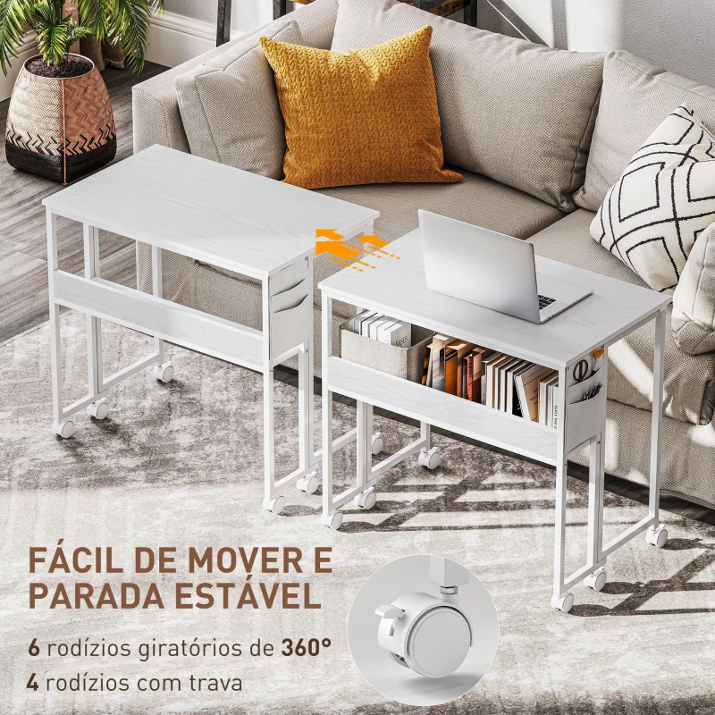 HOMCOM Secretária Dobrável com Rodas Prateleira e Bolso de Arrumação Ideal para Espaços Pequenos 80x50x75 cm Branco