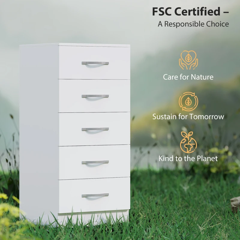 HOMCOM Komoda z 5 szufladami, szafka na ubrania i przybory, płyta wiórowa, biała