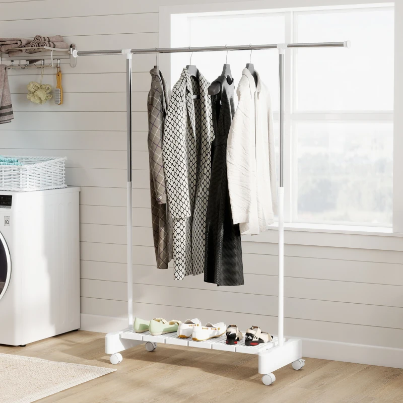 HOMCOM Étendoir Extensible avec Roues et Frein, Étagère Porte-chaussures et Structure en Acier Inoxydable, Blanc