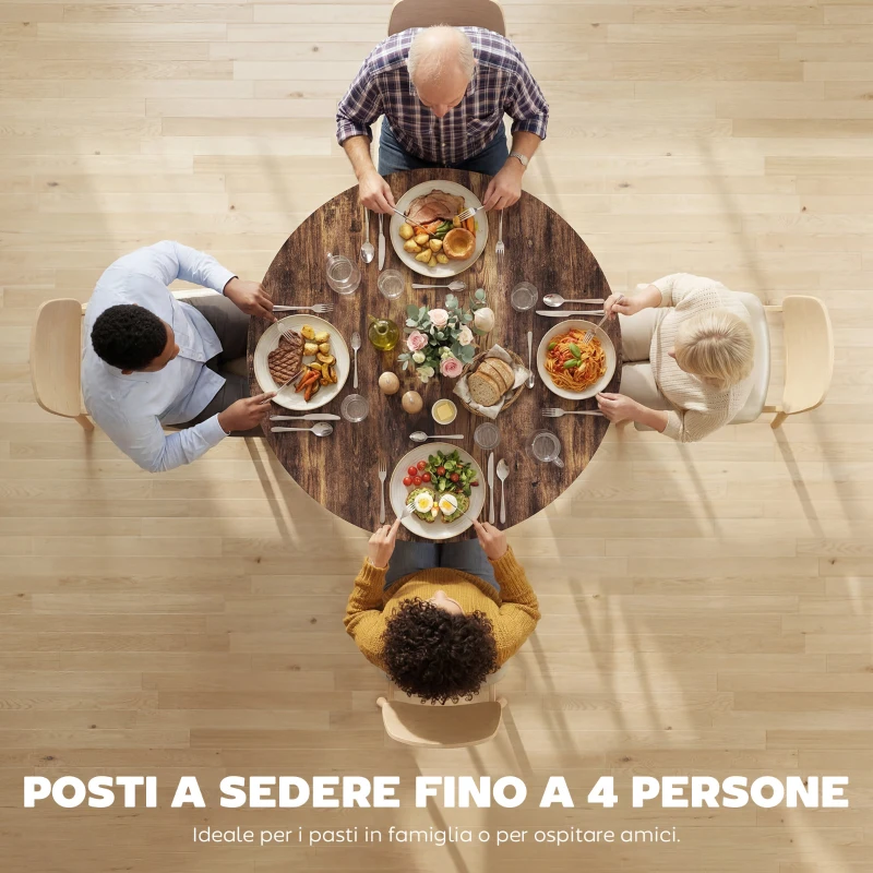 HOMCOM Tavolo da pranzo 4 posti, 100 cm rotondo, cucina industriale, ripiano portaoggetti, marrone rustico.