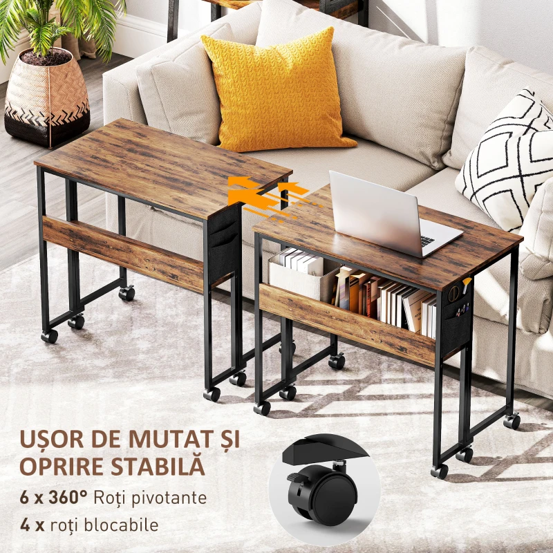 HOMCOM Birou Pliabil cu Raft Deschis și Buzunar Lateral, din Lemn și Oțel, 80x50x75 cm, Maro și Negru