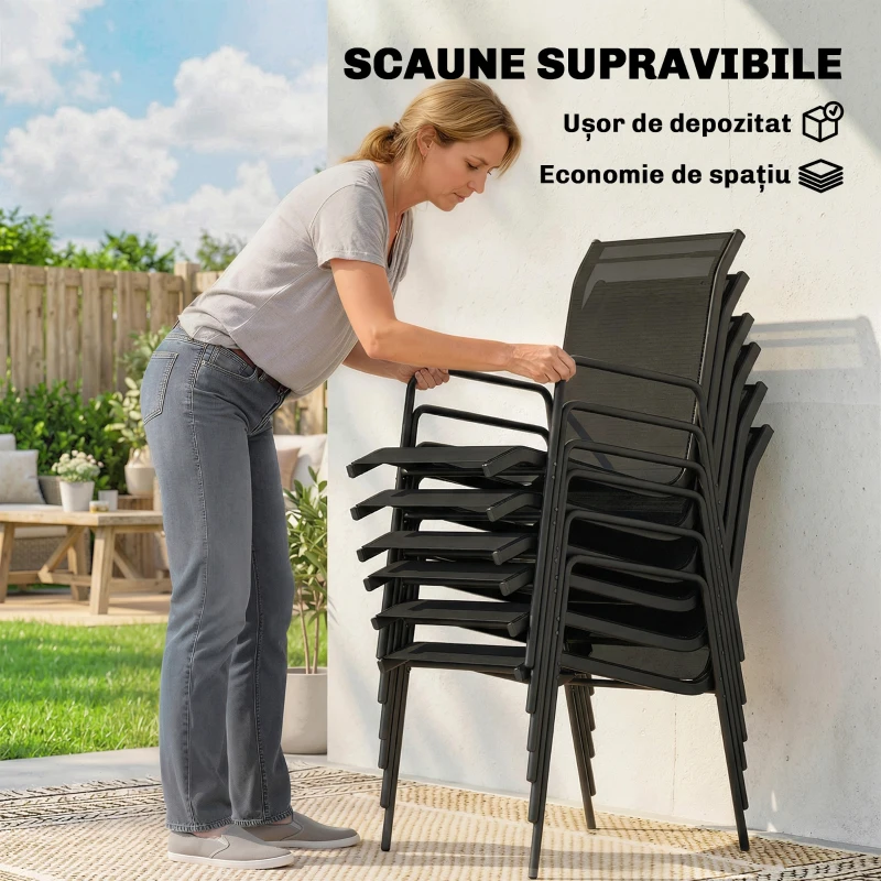 Outsunny Set de Grădină 7 piese din Oțel cu 6 Scaune Stivuibile din Textilenă și Masă de Cafea cu Blat din Sticlă, Negru