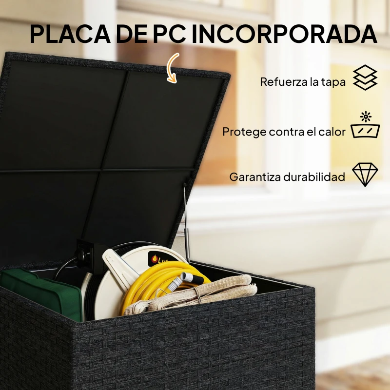 Outsunny Baúl de Almacenaje Exterior de Ratán de 253L con Varilla Hidráulica Forro con Cremallera y Marco de Acero Negro