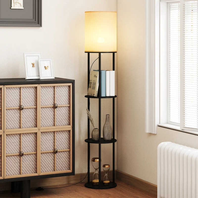 HOMCOM Lampadar cu polițe, 3 temperaturi de culoare, telecomandă pentru living dormitor birou negru