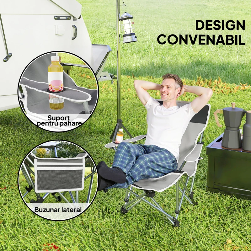 Outsunny Scaun de Camping Pliabil și Rabatabil cu Suport pentru Picioare Detașabil și Tetieră, 82x50/100x88 cm, Negru
