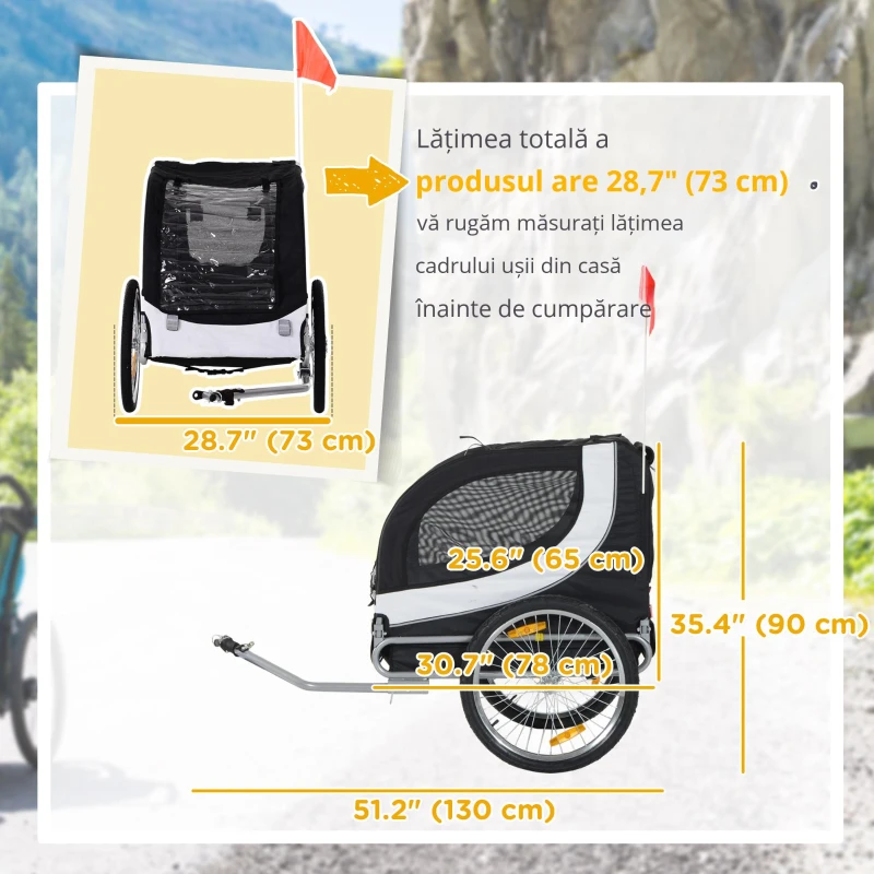 PawHut Rimorchio per Animali Domestici Pieghevole da Bicicletta, bianco e nero, 130x90x110cm