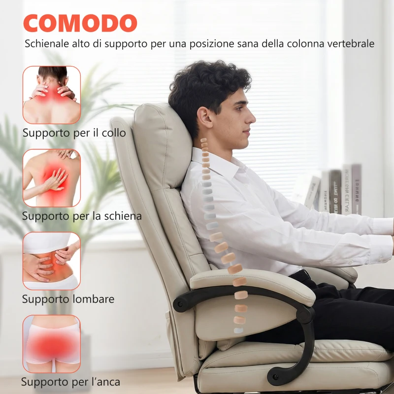 HOMCOM Sedia da Ufficio Massaggiante e Riscaldata, Reclinabile 135° con Poggiapiedi in Pelle PU, Grigio Chiaro