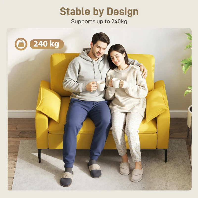 HOMCOM Canapea modernă cu 2 locuri, perne și tapițerie din material textil buretat, 130x77x84 cm, galben