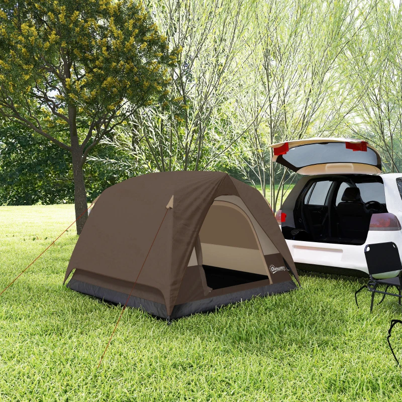 Outsunny 3-4 Person Camping Tent, Easy Set Up 3-4 Man Tent w/ Sewn-in Groundsheet, Waterproof Dome Tent w/ Mesh Windows, Brown