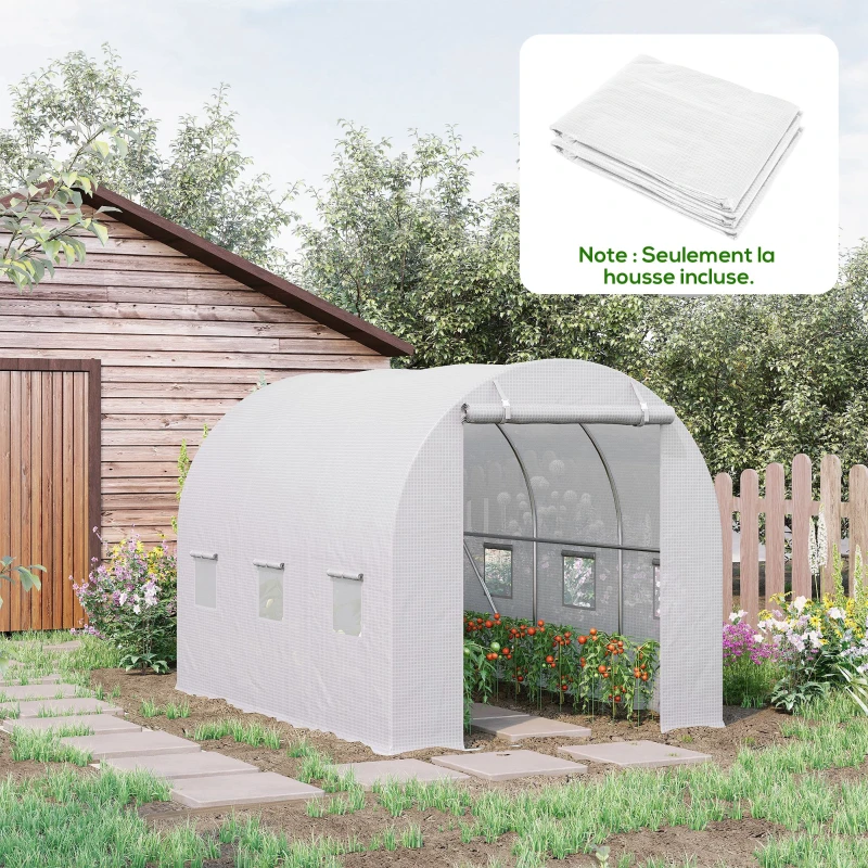 Outsunny Bâche de Rechange Serre Tunnel 6 m², bâche PE Anti-UV imperméable 6 fenêtres + Porte Enroulable zippée Blanc