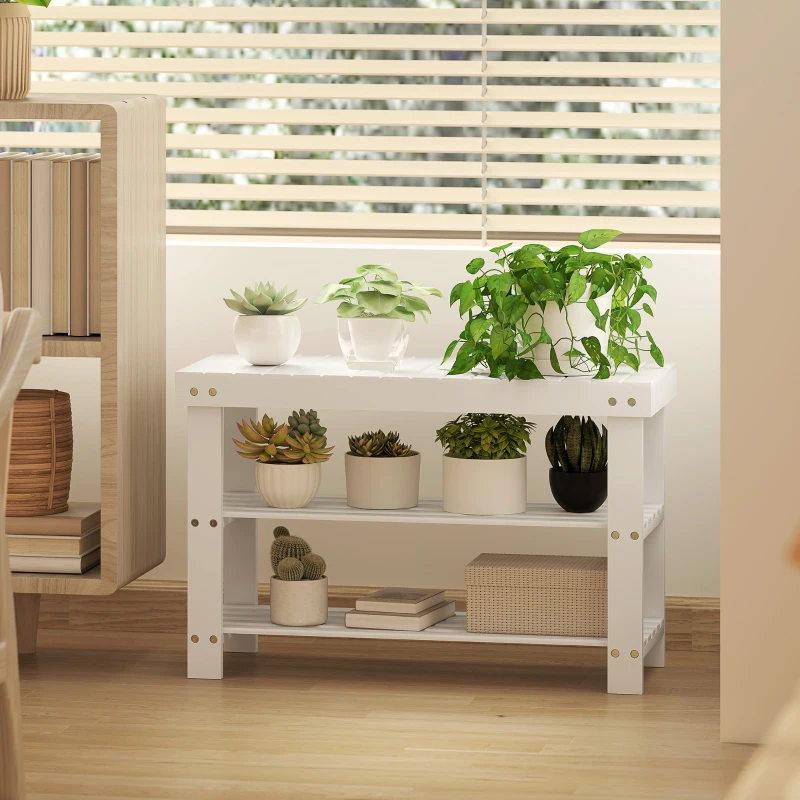 HOMCOM Two Shelf Bamboo Shoe Storage Bench - White
