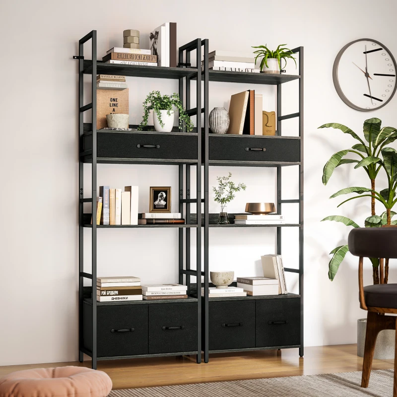 HOMCOM Industrial Style Bookcase, with 4 Shelves and 3 Fabric Drawers - Grey/Black