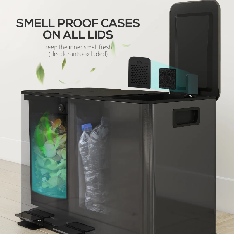 HOMCOM 3 x 15L Pedal Bin, Steel Triple Kitchen Bin with Soft Close Lid, Removable Inner Buckets, Fingerprint-Proof, Black