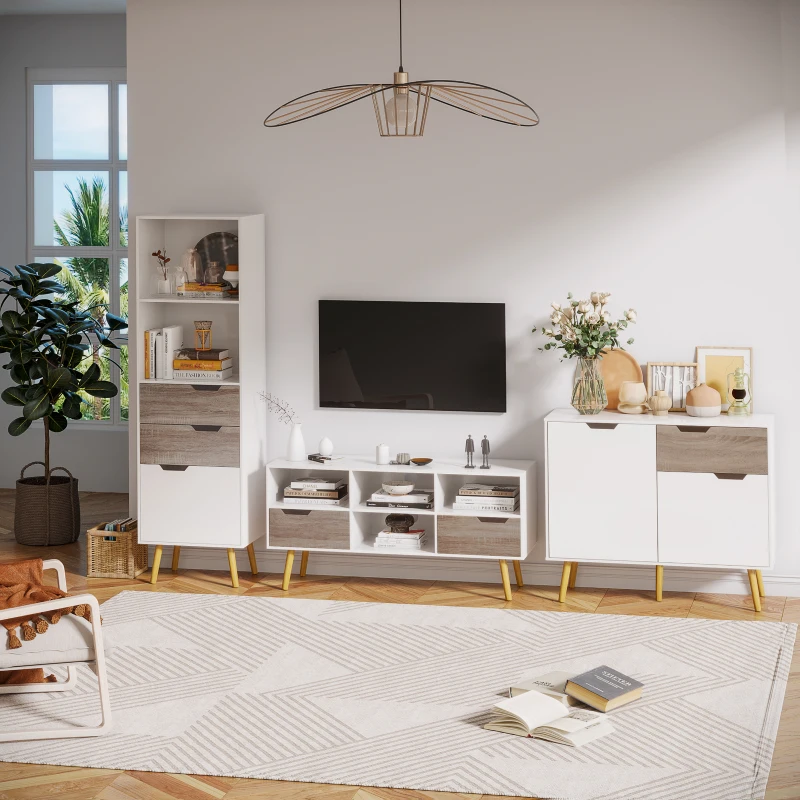 HOMCOM Buffet Meuble de rangement sur pied scandinave placards pour Salle de bain, salon, Cusine, Pieds en Bois Massif pin - Blanc - dim. 98L x 39l x 81,5H cm