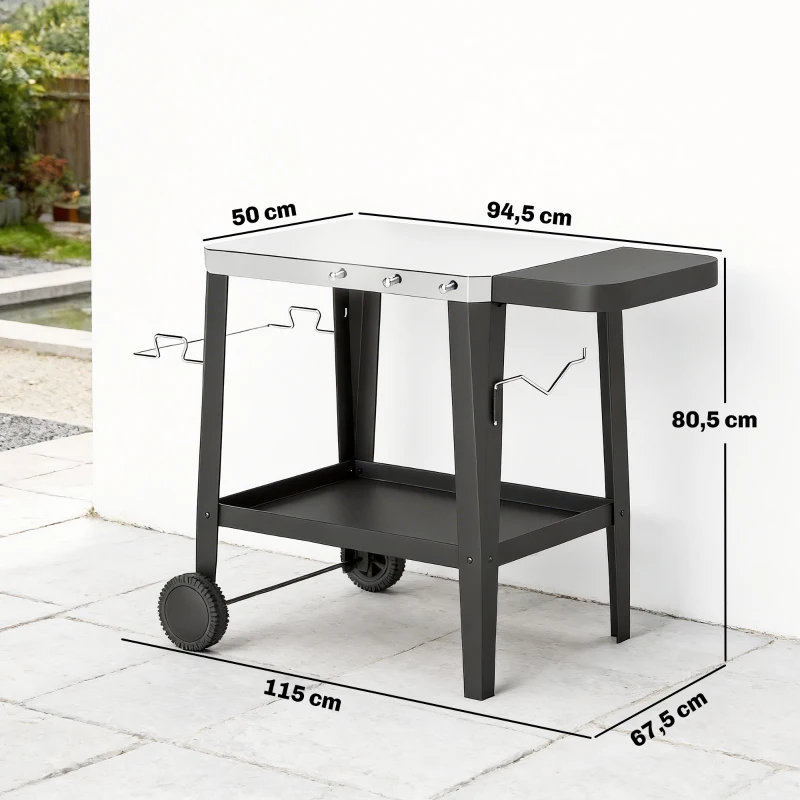 Outsunny Wózek kuchenny na kółkach, wózek serwisowy z haczykami, uchwytem na papierowe ręczniki, stojakiem na worki na śmieci, stal nierdzewna, 115 x 67,5 x 80,5 cm, czarny