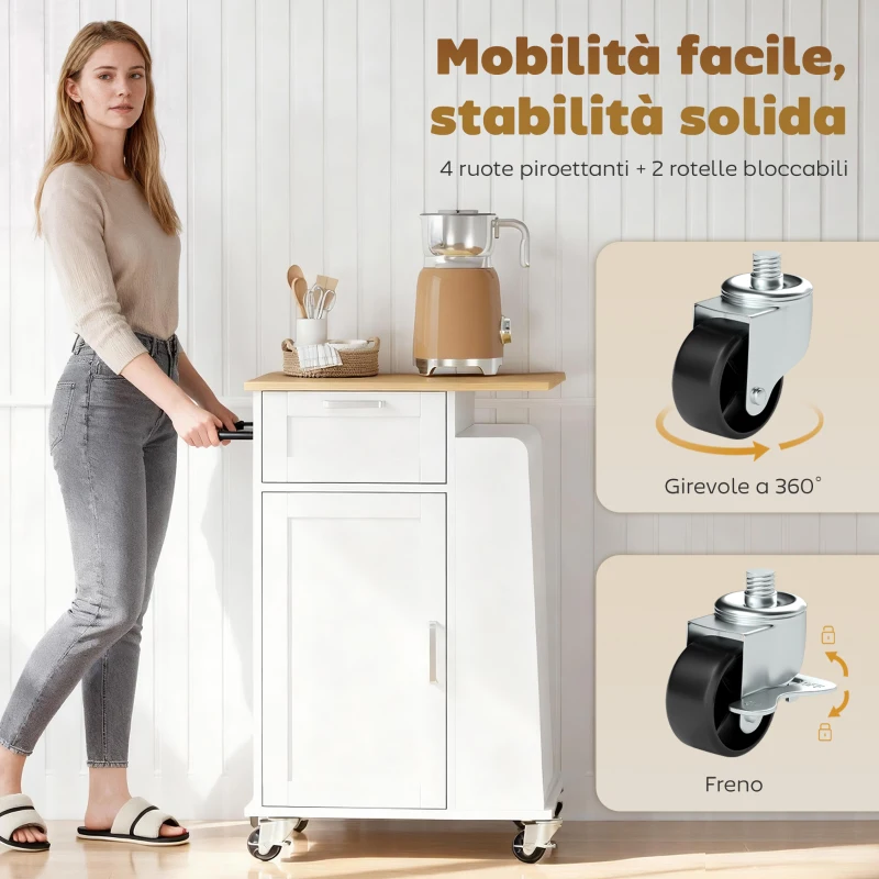 HOMCOM Carrello da Cucina con Cassetto, Armadietto, Portasciugamani e 3 Portaspezie, in Legno, 62x40x87 cm, Bianco