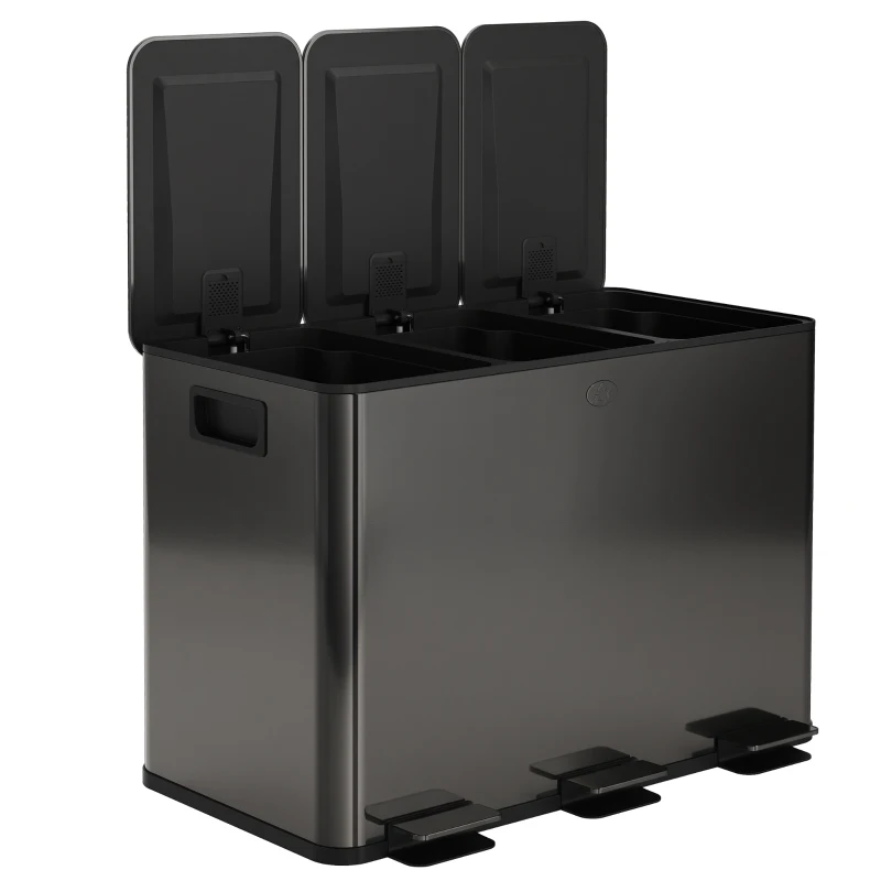 HOMCOM 3 x 15L Pedal Bin, Steel Triple Kitchen Bin with Soft Close Lid, Removable Inner Buckets, Fingerprint-Proof, Black