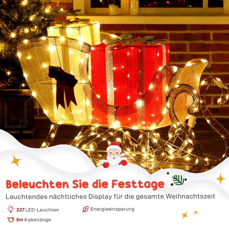 Outsunny Beleuchtetes Weihnachtsrentier mit Schlitten, warmweiße LEDs, Stahlrahmen, wasserfest, Goldfarben