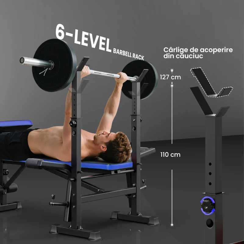 HOMCOM Bancă Multifuncțională Reglabilă cu Suport pentru Bară, Bancă de Greutăți din Oțel și Plastic, 175x139x127 cm, Negru