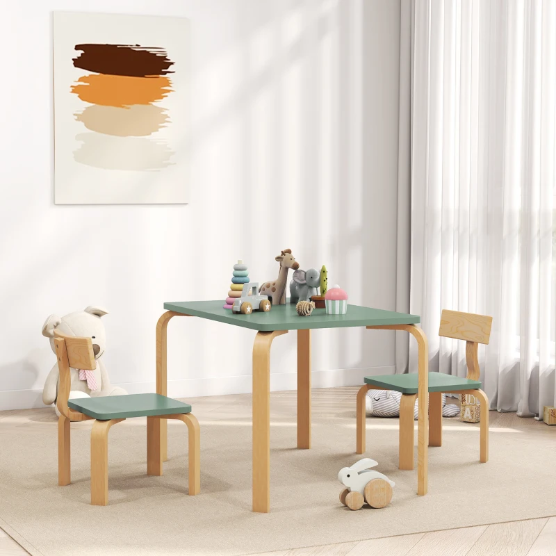 AIYAPLAY Kindertisch mit Stühlen, Set Tisch und 2 Kinderstühle aus Holz zum Zeichnen, Spielen, Lernen, 78x53x53cm, grün