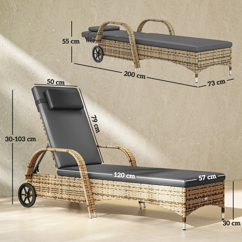 Outsunny Șezlong de soare cu saltea spătar reglabil multipoziții cotiere roți 200 x 73 x 30-103 cm galben