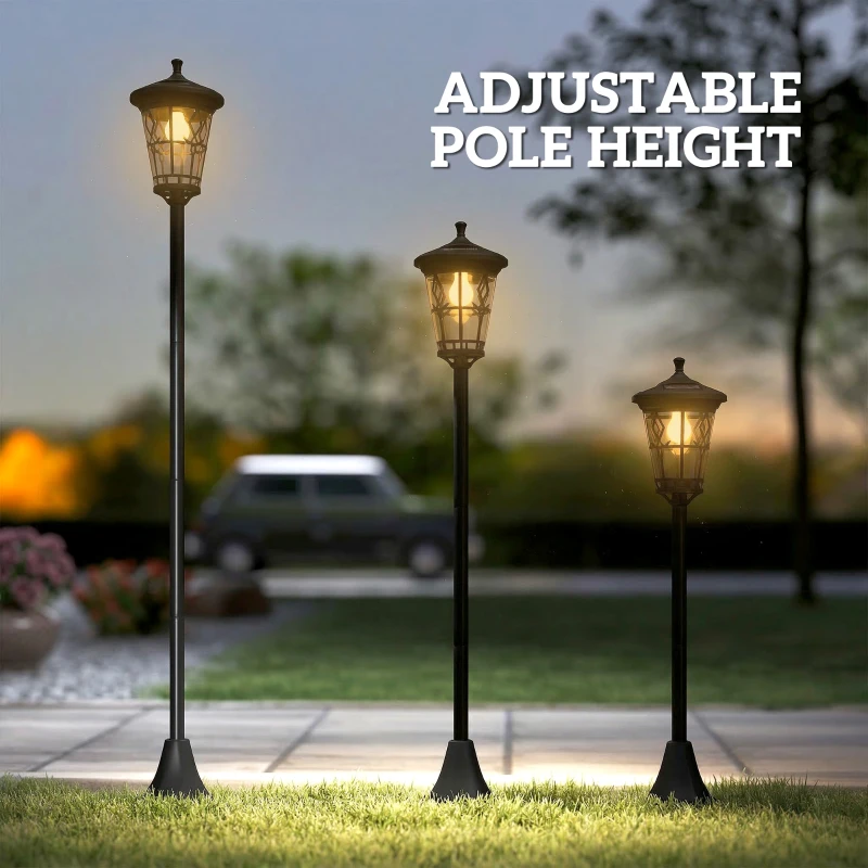 Outsunny Lot de 2 Lampadaires Solaires 1,86 m pour Jardin, Lampes de Rue en Acier Inoxydable à Hauteur Réglable Noir