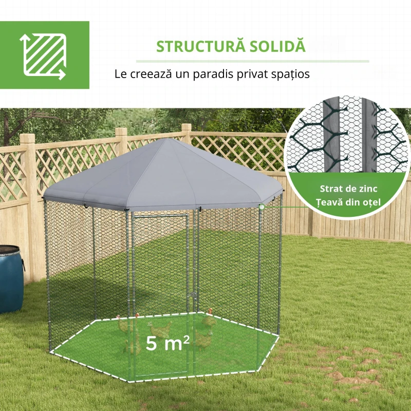 PawHut Țarc pentru găini exterior 5 m² parc cu plasă dim. 2,8L x 2,45l x 2,46H - spațiu acoperit - 5/8 găini