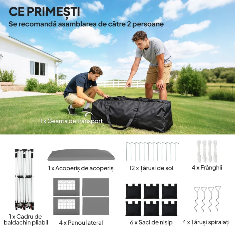 Outsunny Gazebo 3x6 m Pliabil Pop Up cu Înălțime Reglabilă, Gazebo Exterior cu Benzi Reflectorizante, Pereți Laterali, Saci de Nisip, Geantă de Transport, UV50+, pentru Camping, Petreceri, Gri Deschis