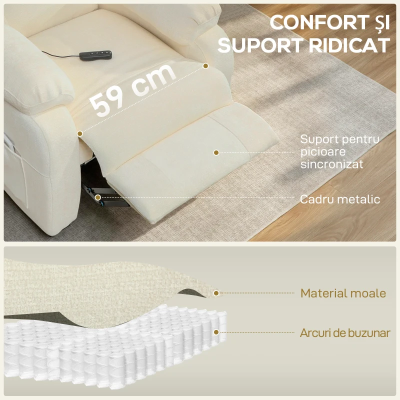 HOMCOM Fotoliu Reclinabil 150° cu Efect de Catifea, Suport pentru Picioare, Telecomandă și Buzunar Lateral, 96x90x105 cm, Alb