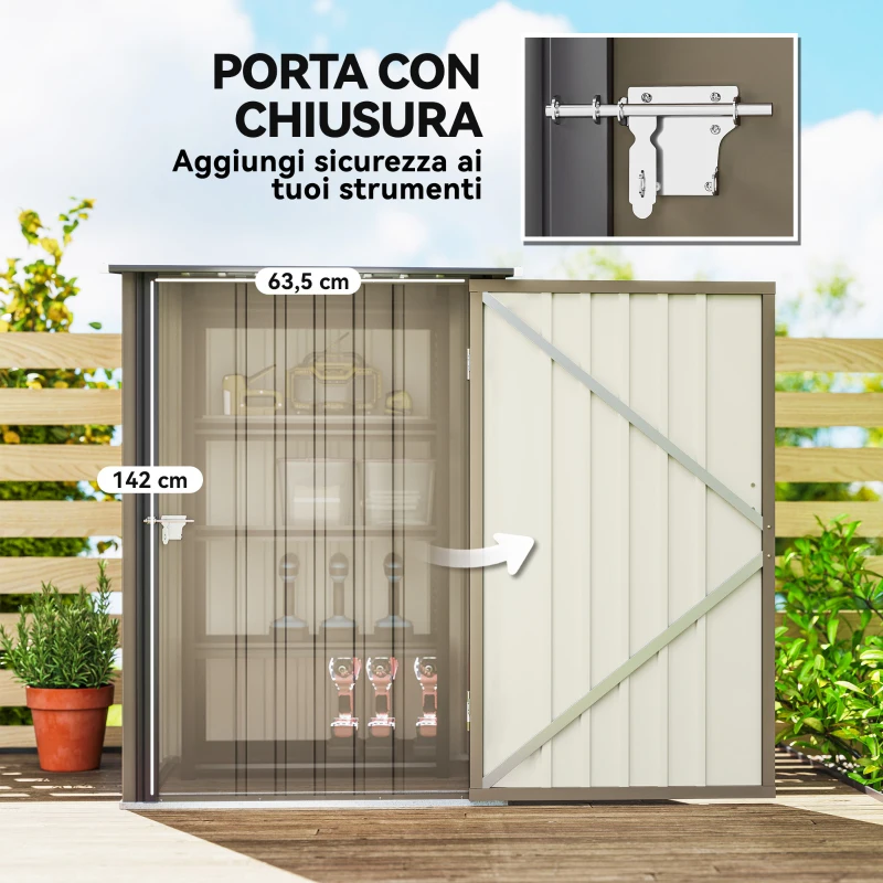 Outsunny Casetta da Giardino Porta Attrezzi in Acciaio Galvanizzato con Porta, 100x104x160 cm, Marrone e Grigio Scuro